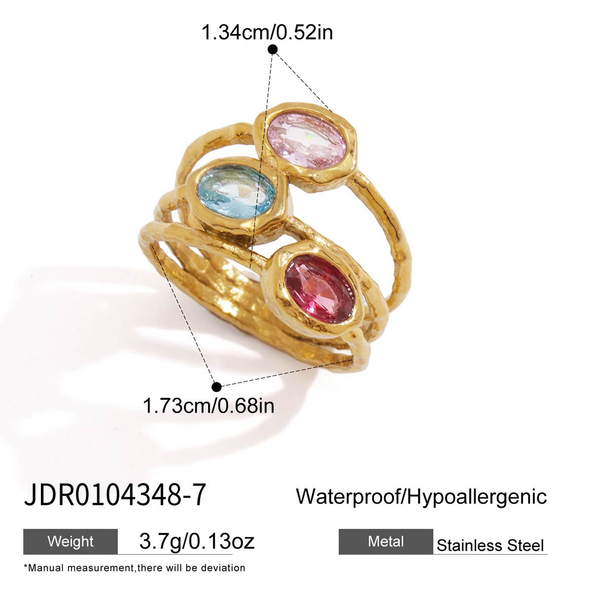 Lady Style - Classic Style / 18K Gold Stainless Steel + Zirconium /Colorful Geometric Irregular Irregular Shape Zirconium Multi-Layer Hollowed-out Ring No. 7