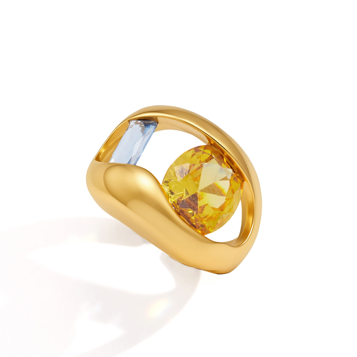 Ladies' Style - Classic Style / 18K Gold Stainless Steel + Zirconium / Yellow and Blue Zirconium Wide Face Hollowed-out Large Zirconium Opening Ring
