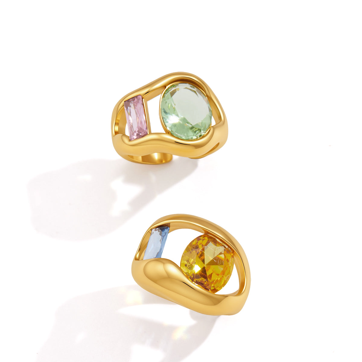 Ladies' Style - Classic Style / 18K Gold Stainless Steel + Zirconium / Yellow and Blue Zirconium Wide Face Hollowed-out Large Zirconium Opening Ring