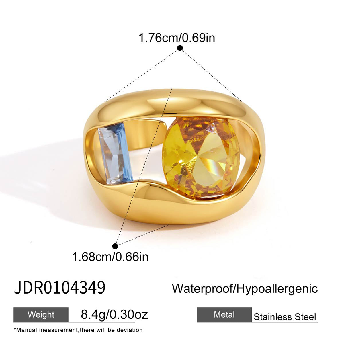 Ladies' Style - Classic Style / 18K Gold Stainless Steel + Zirconium / Yellow and Blue Zirconium Wide Face Hollowed-out Large Zirconium Opening Ring