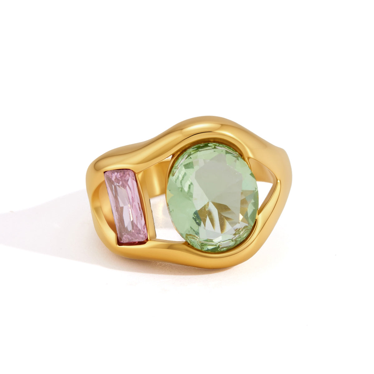 Ladies' Style - Classic Style / 18K Gold Stainless Steel + Zirconium / Yellow and Blue Zirconium Wide Face Hollowed-out Large Zirconium Opening Ring