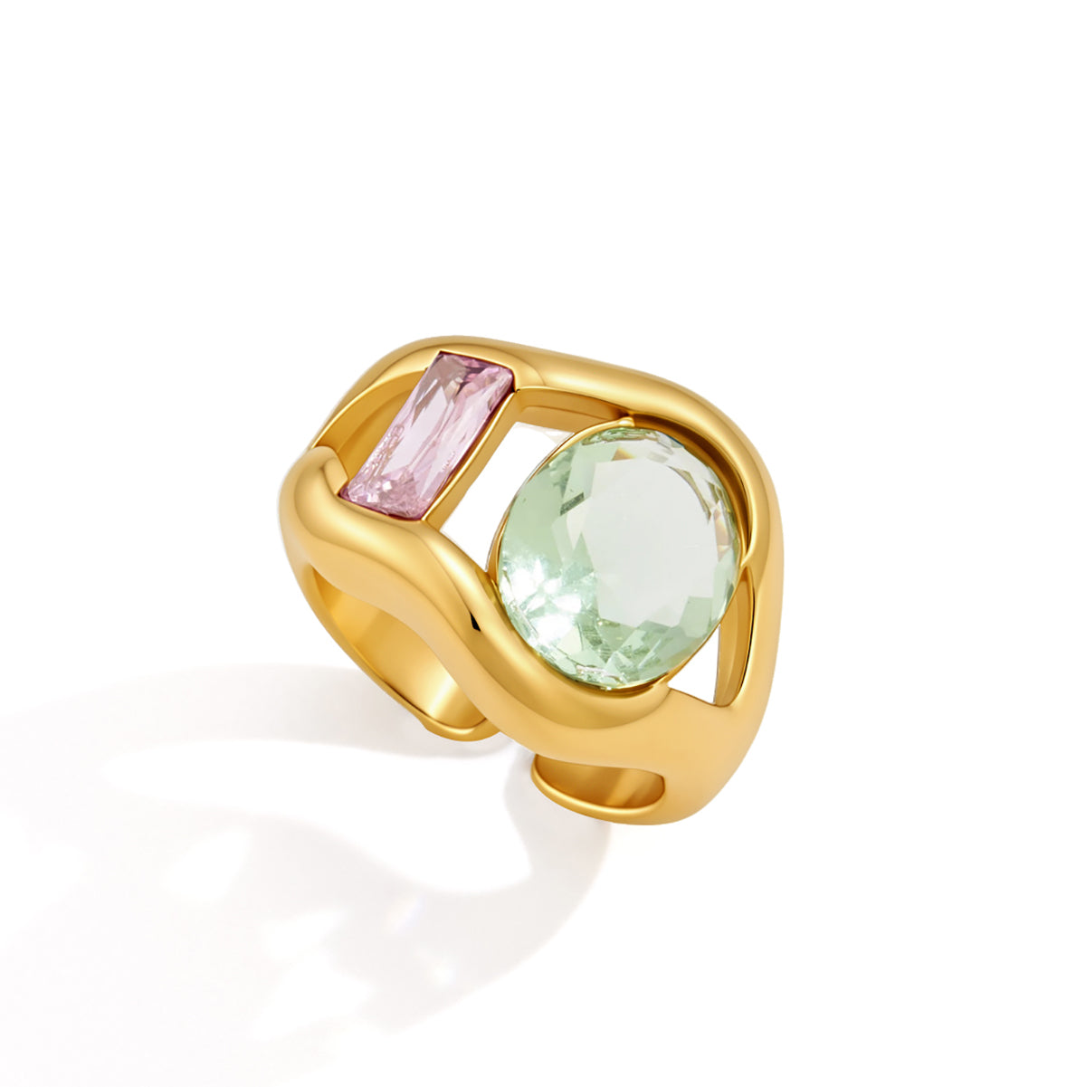 Ladies' Style - Classic Style / 18K Gold Stainless Steel + Zirconium / Yellow and Blue Zirconium Wide Face Hollowed-out Large Zirconium Opening Ring