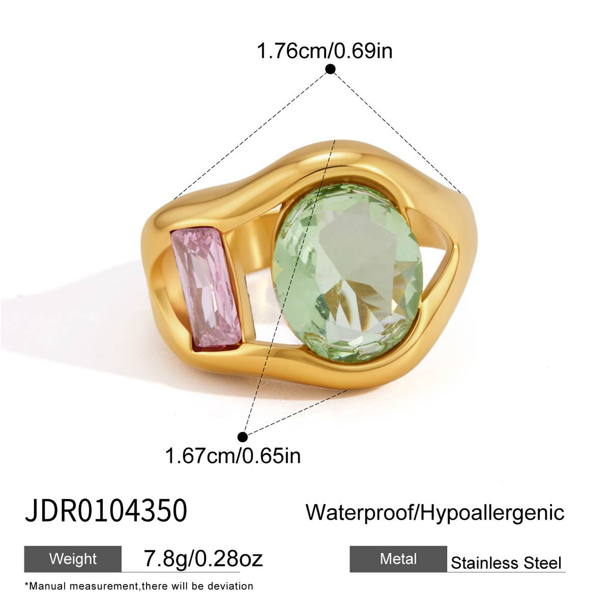 Ladies' Style - Classic Style / 18K Gold Stainless Steel + Zirconium / Yellow and Blue Zirconium Wide Face Hollowed-out Large Zirconium Opening Ring
