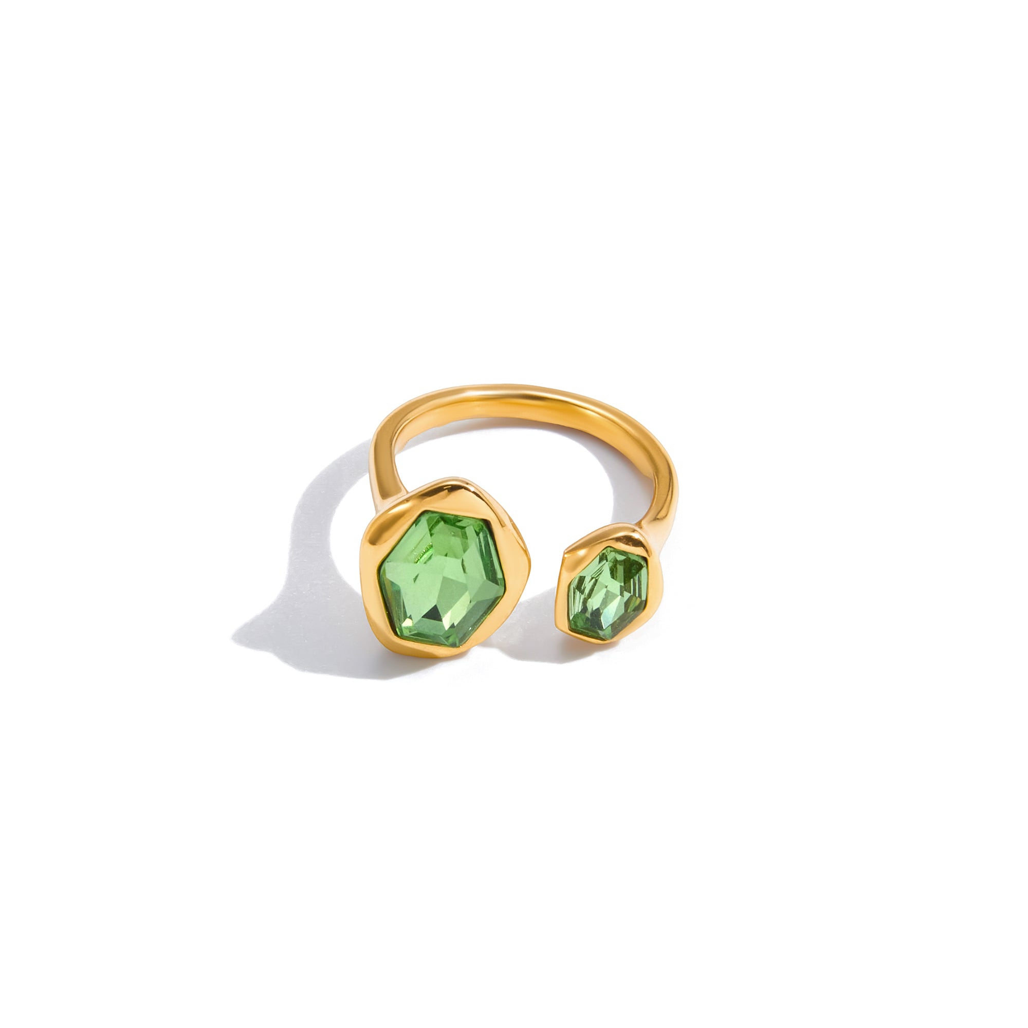 Jewelry Ladies Modern Minimalist 18K Gold Stainless Steel Green Zircon Geometrically Asymmetric Open Ring