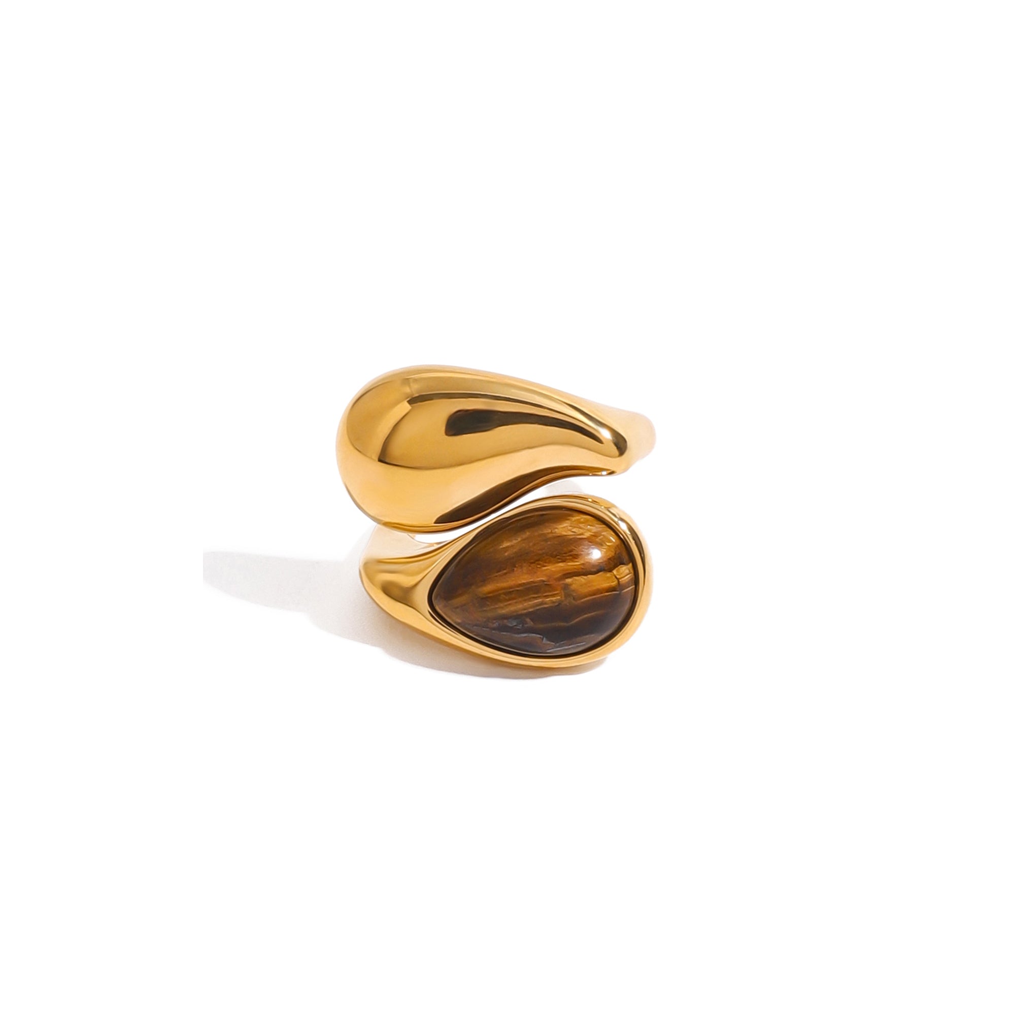 Elegant Style Tiger Eye Stone Drop Ring 18K Gold Stainless Steel Waterdrop Inlaid Fashionable Open Ring Jewelry
