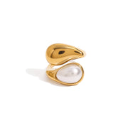Elegant Style Faux Pearl Drop Ring 18K Gold Stainless Steel Waterdrop Inlaid Minimalist Fashion Open Ring for Women