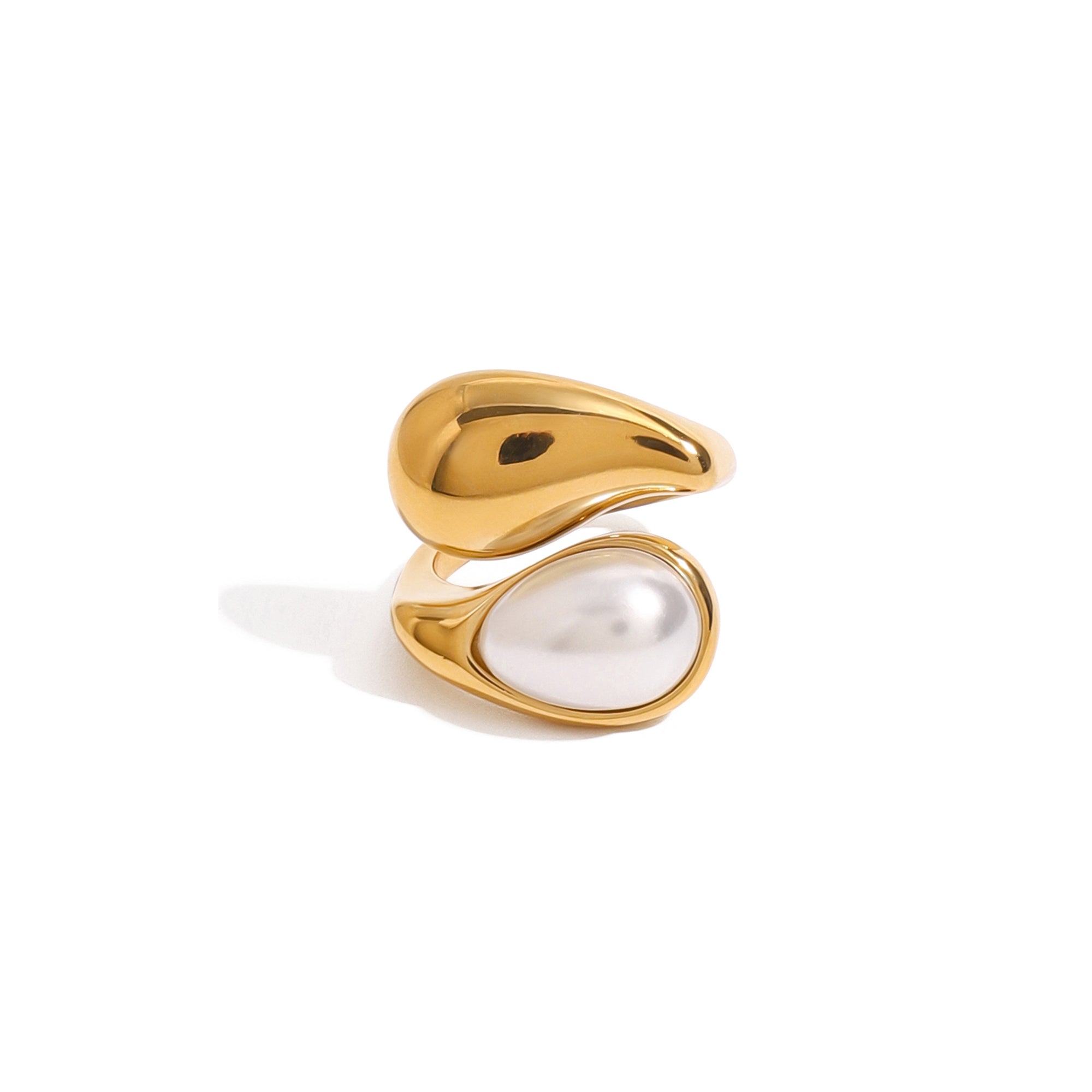 Elegant Style Faux Pearl Drop Ring 18K Gold Stainless Steel Waterdrop Inlaid Minimalist Fashion Open Ring for Women