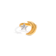 Modern 18K Gold Plated Stainless Steel Ring Trendy Moon Star Two Tone Design for Daily Wear and Anniversary Occasions
