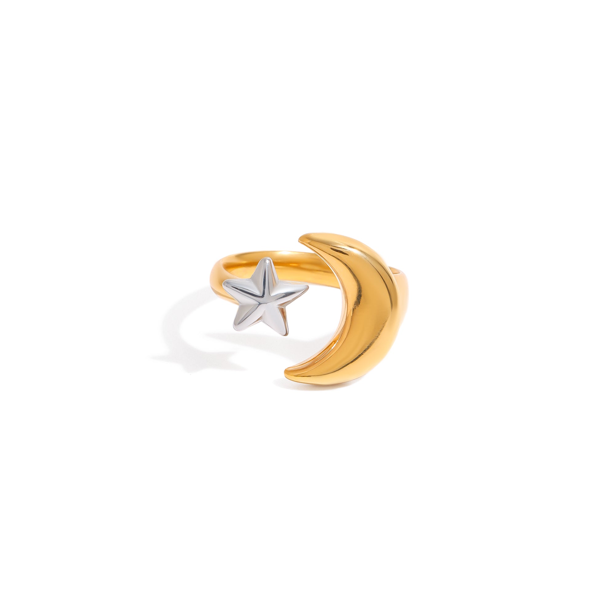 Modern 18K Gold Plated Stainless Steel Ring Trendy Moon Star Two Tone Design for Daily Wear and Anniversary Occasions