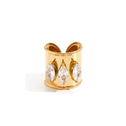 18K Gold Stainless Steel Classic Marquise Stone Open Ring - 18K Gold Plated Adjustable Band