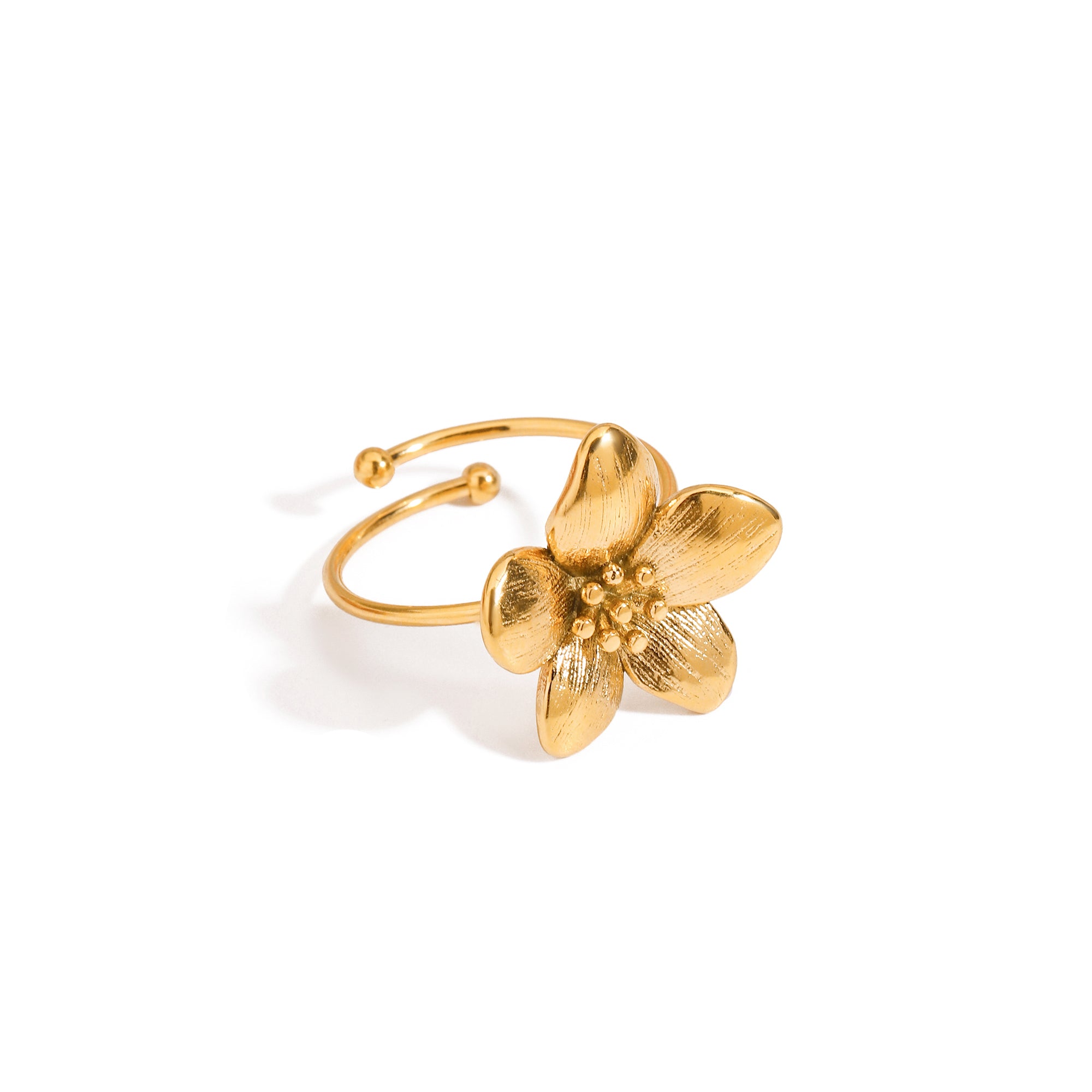 18K Gold Romantic Jewelry Stainless Steel Flower Adjustable Open Ring Sweet