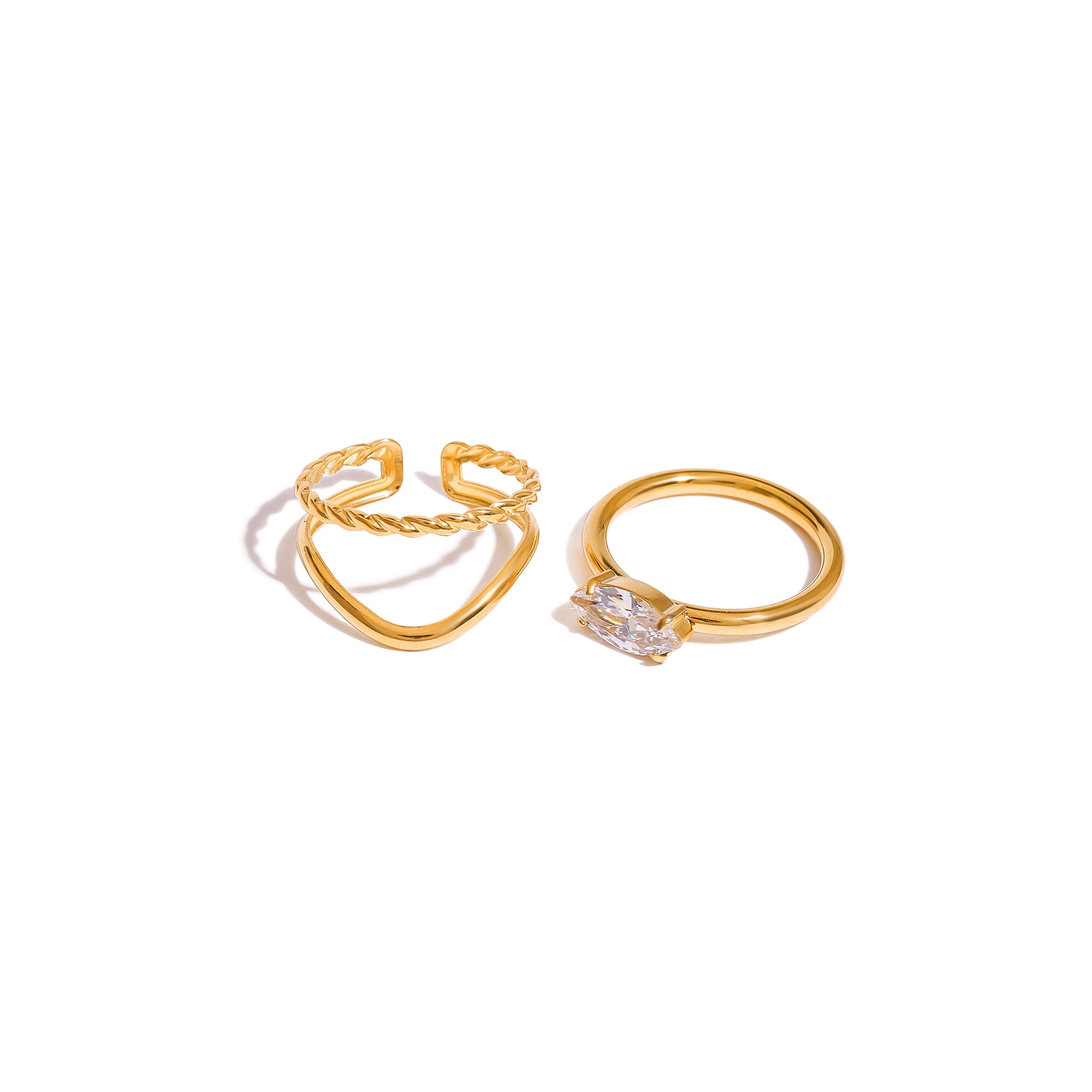 18K Gold Stainless Steel White Diamond Marquise Shaped Diamond and Two-Layer Hollow Braided Stackable Rings Set