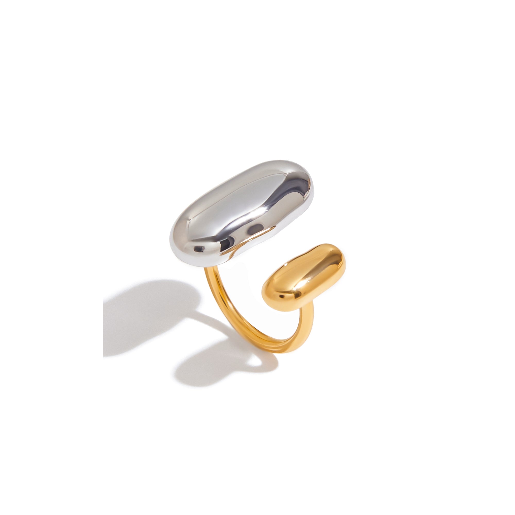 Modern Minimalist Two-Tone Oval Ring 18K Gold Stainless Steel Adjustable Beaded Stackable Jewelry Minimalist Gift for Women