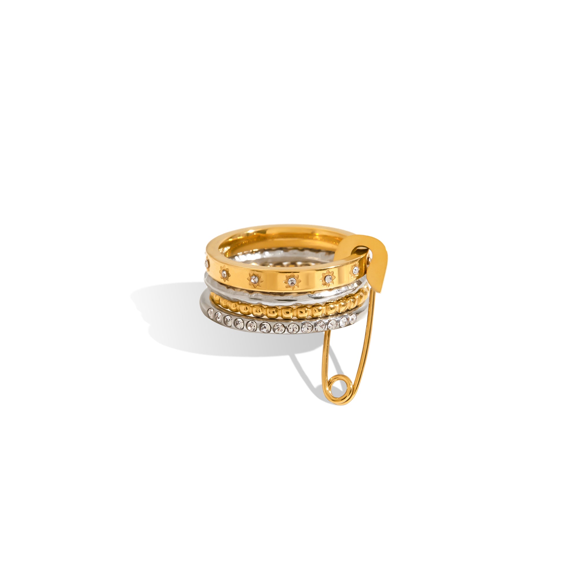 18K Gold Plate Stainless Steel Rings Classic Gold and Silver Twist Paper Clip Multi-layer Stacking Rhinestone Ring