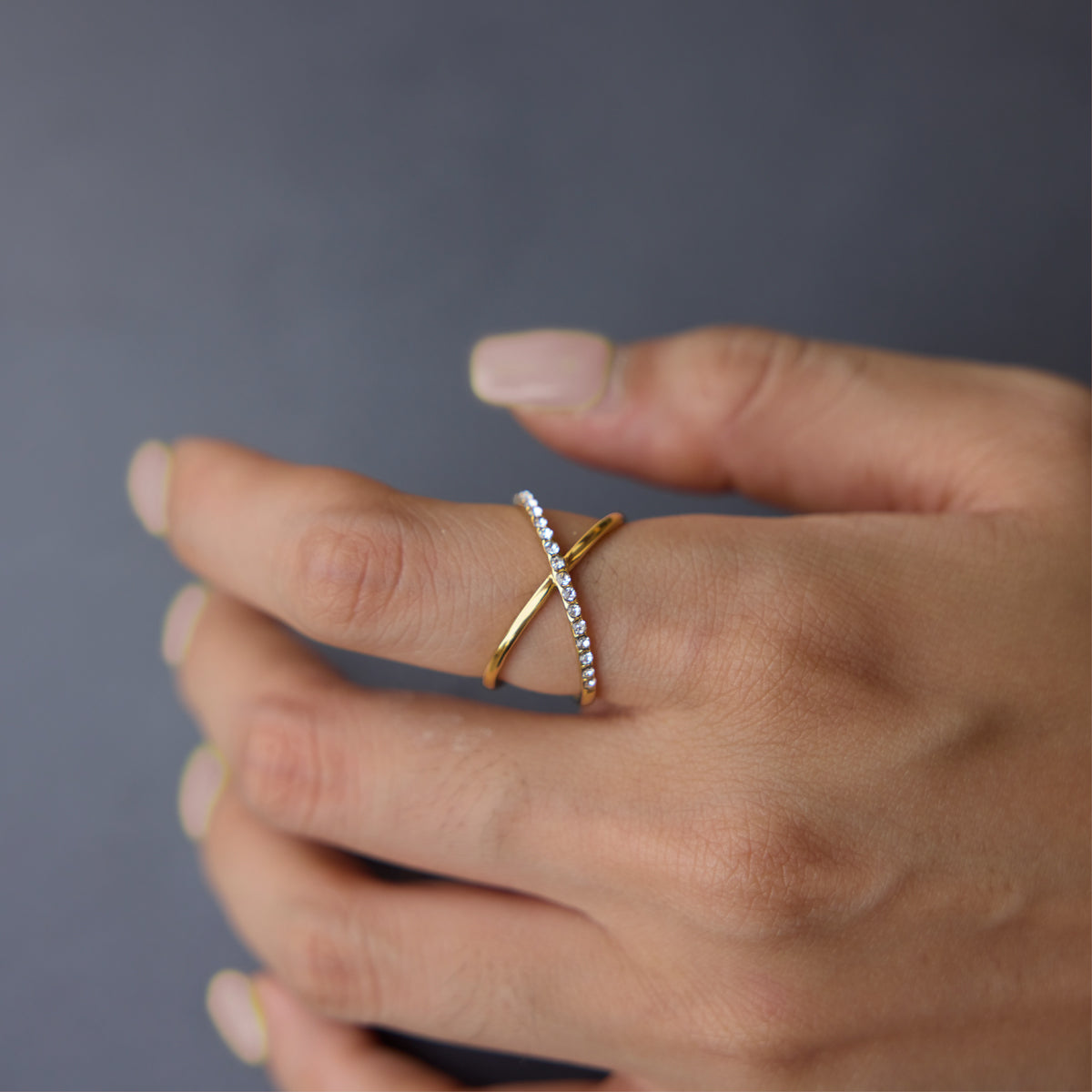 Lady Style - Classic Style / 18K Gold Stainless Steel + Gemstones / With White Gemstone Woven Linear Double Ring Asymmetric Hollowed-out Ring