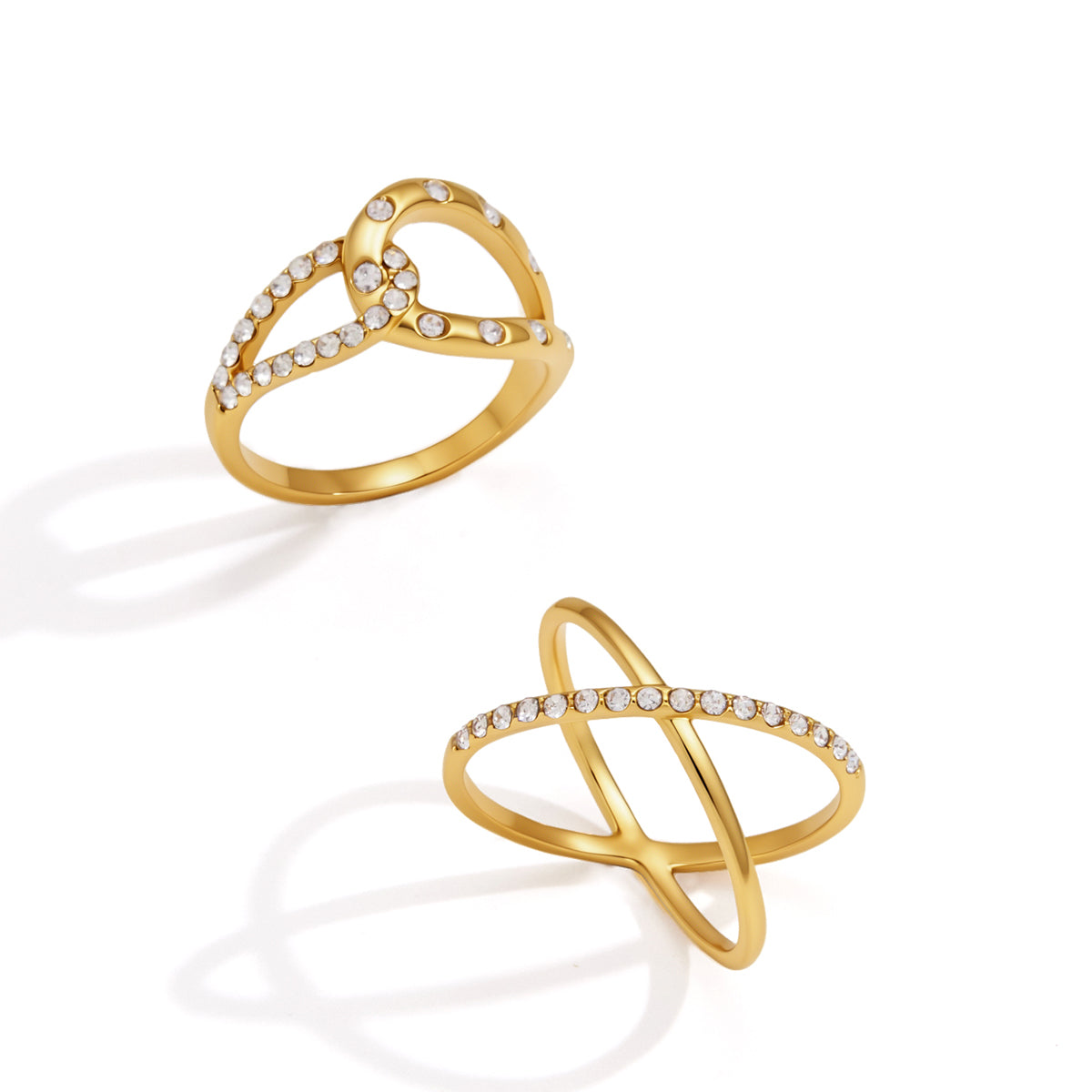 Lady Style - Classic Style / 18K Gold Stainless Steel + Gemstones / With White Gemstone Woven Linear Double Ring Asymmetric Hollowed-out Ring