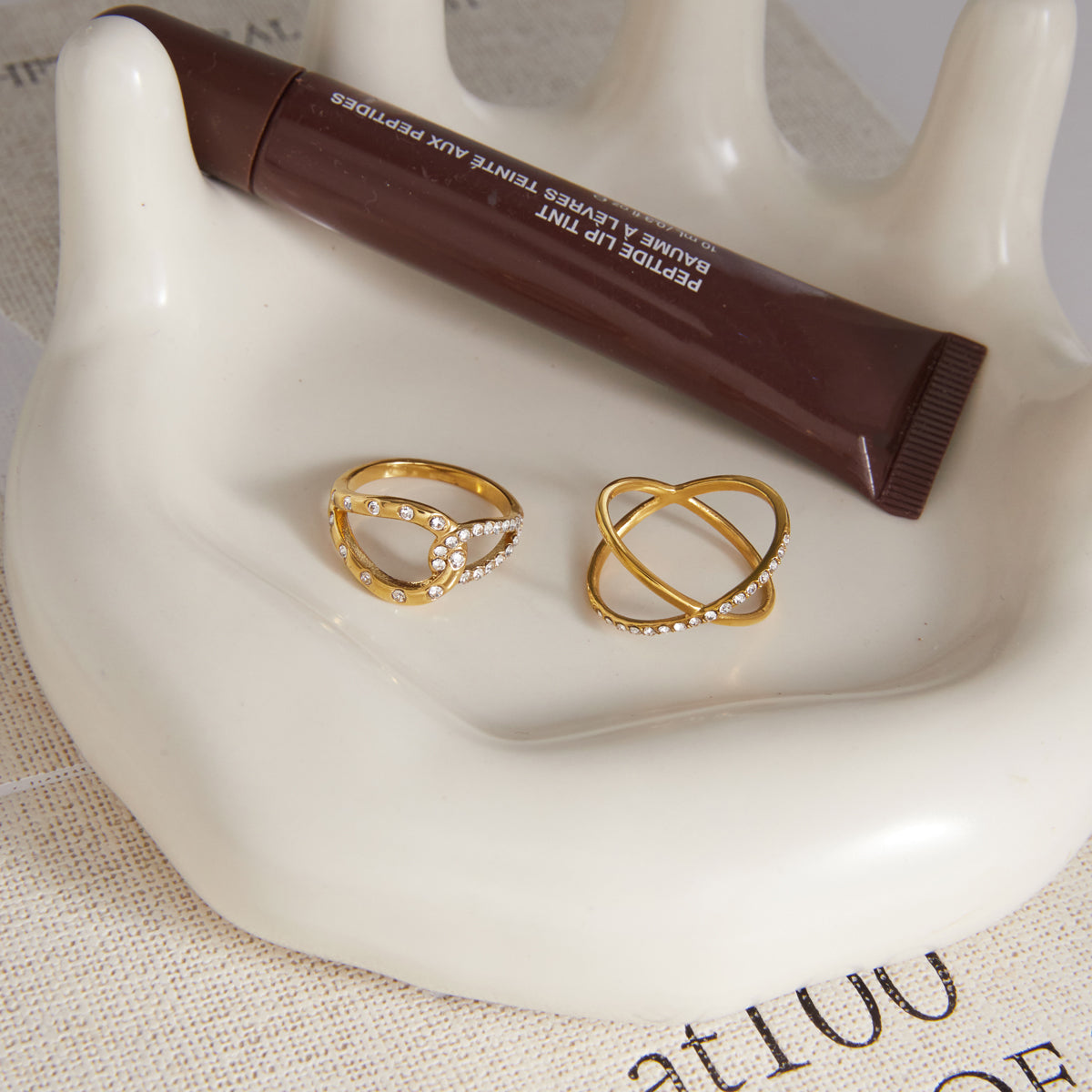 Lady Style - Classic Style / 18K Gold Stainless Steel + Gemstones / With White Gemstone Woven Linear Double Ring Asymmetric Hollowed-out Ring