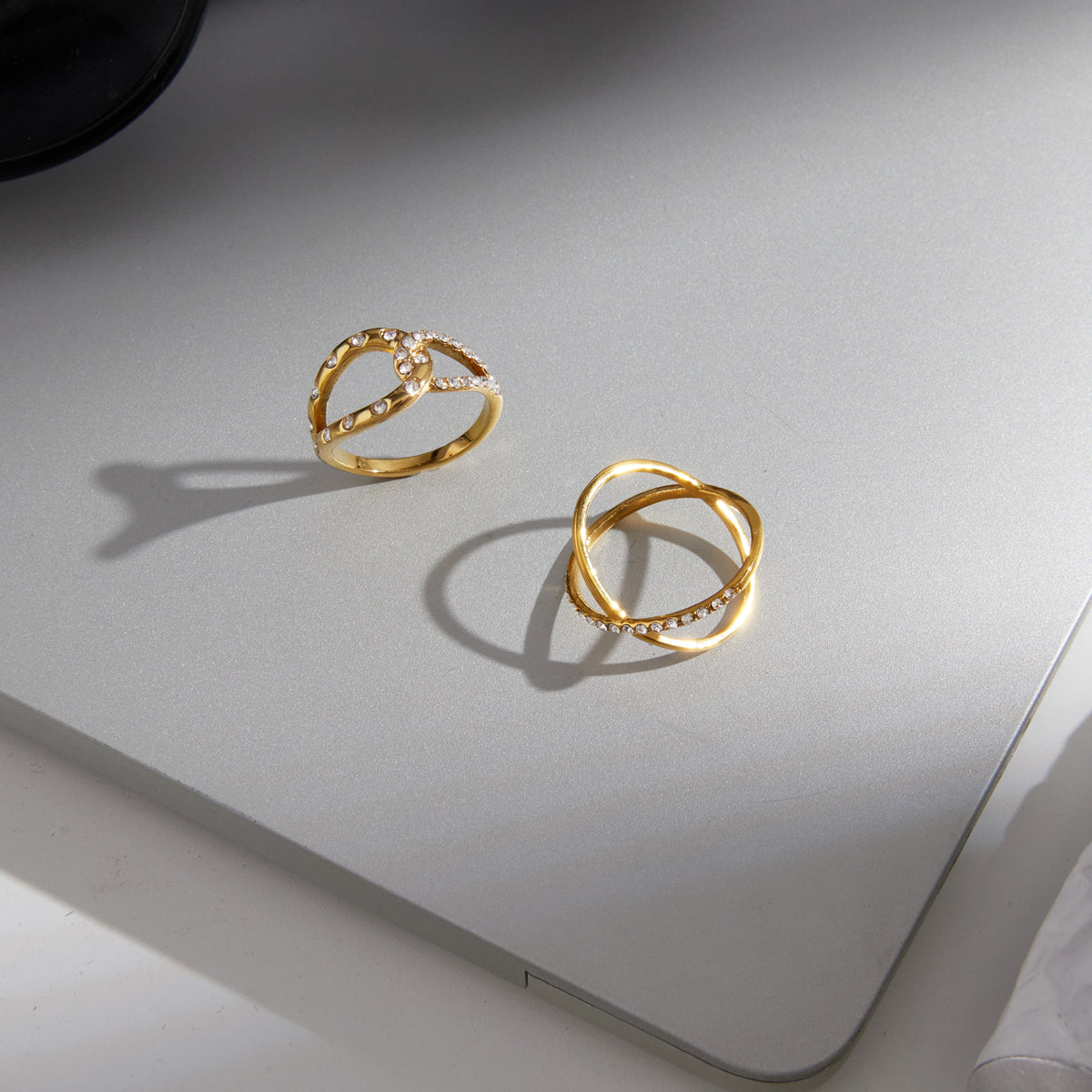 Lady Style - Classic Style / 18K Gold Stainless Steel + Gemstones / With White Gemstone Woven Linear Double Ring Asymmetric Hollowed-out Ring