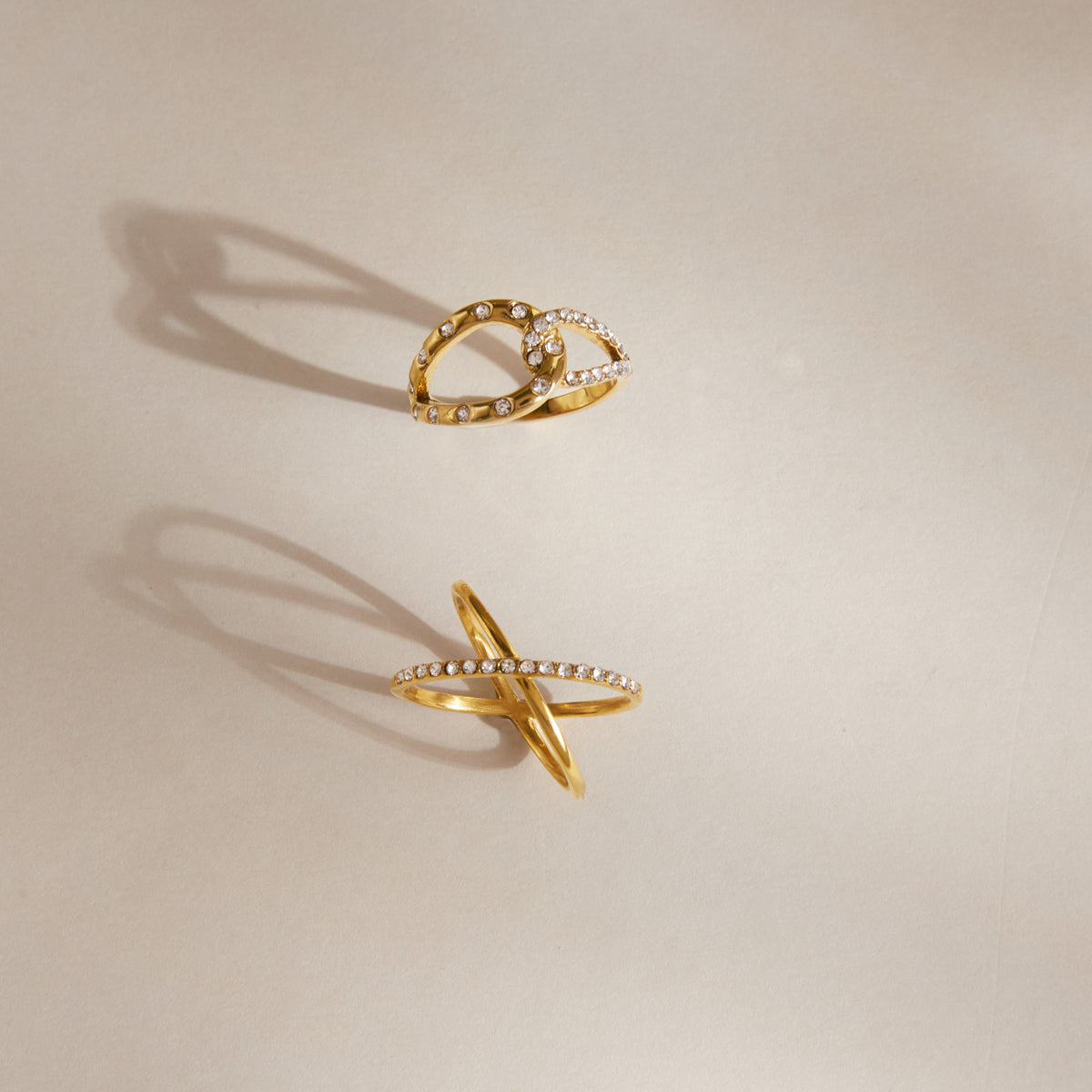 Lady Style - Classic Style / 18K Gold Stainless Steel + Gemstones / With White Gemstone Woven Linear Double Ring Asymmetric Hollowed-out Ring