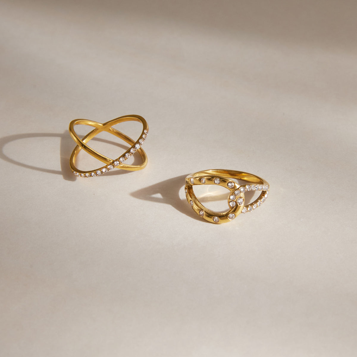 Lady Style - Classic Style / 18K Gold Stainless Steel + Gemstones / With White Gemstone Woven Linear Double Ring Asymmetric Hollowed-out Ring