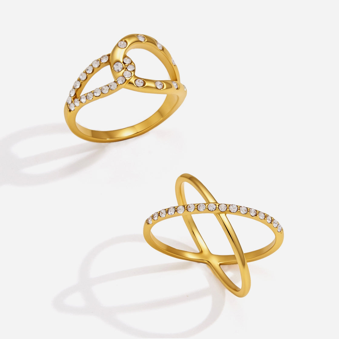 Lady Style - Classic Style / 18K Gold Stainless Steel + Gemstones / With White Gemstone Woven Linear Double Ring Asymmetric Hollowed-out Ring