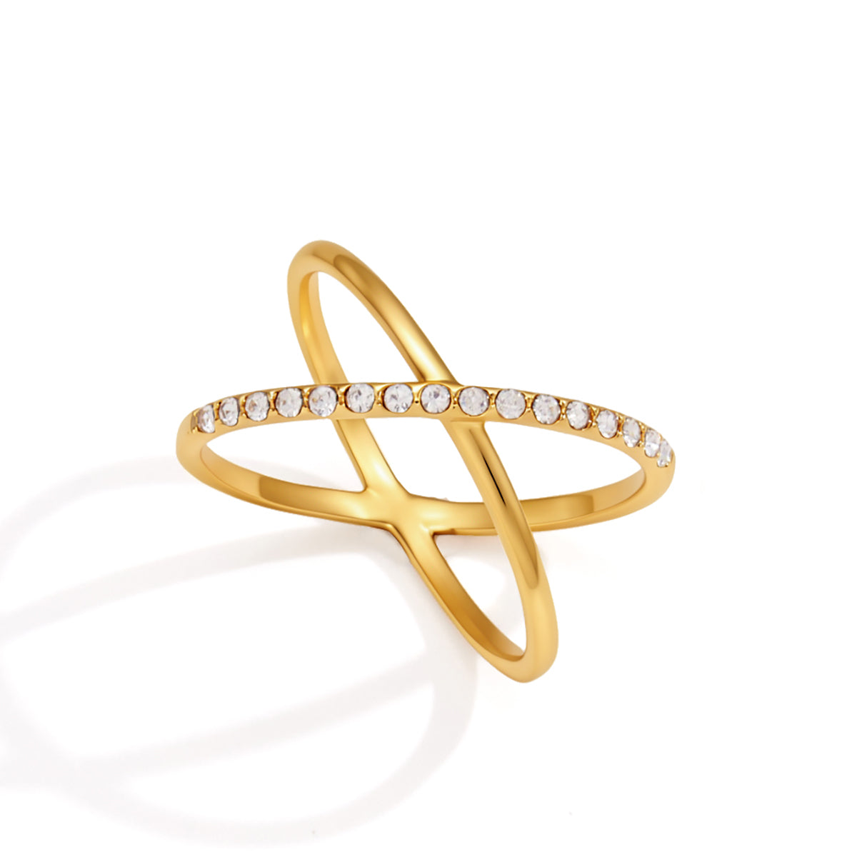 Lady Style - Classic Style / 18K Gold Stainless Steel + Gemstones / With White Gemstone Woven Linear Double Ring Asymmetric Hollowed-out Ring