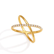 Lady Style - Classic Style / 18K Gold Stainless Steel + Gemstones / With White Gemstone Woven Linear Double Ring Asymmetric Hollowed-out Ring