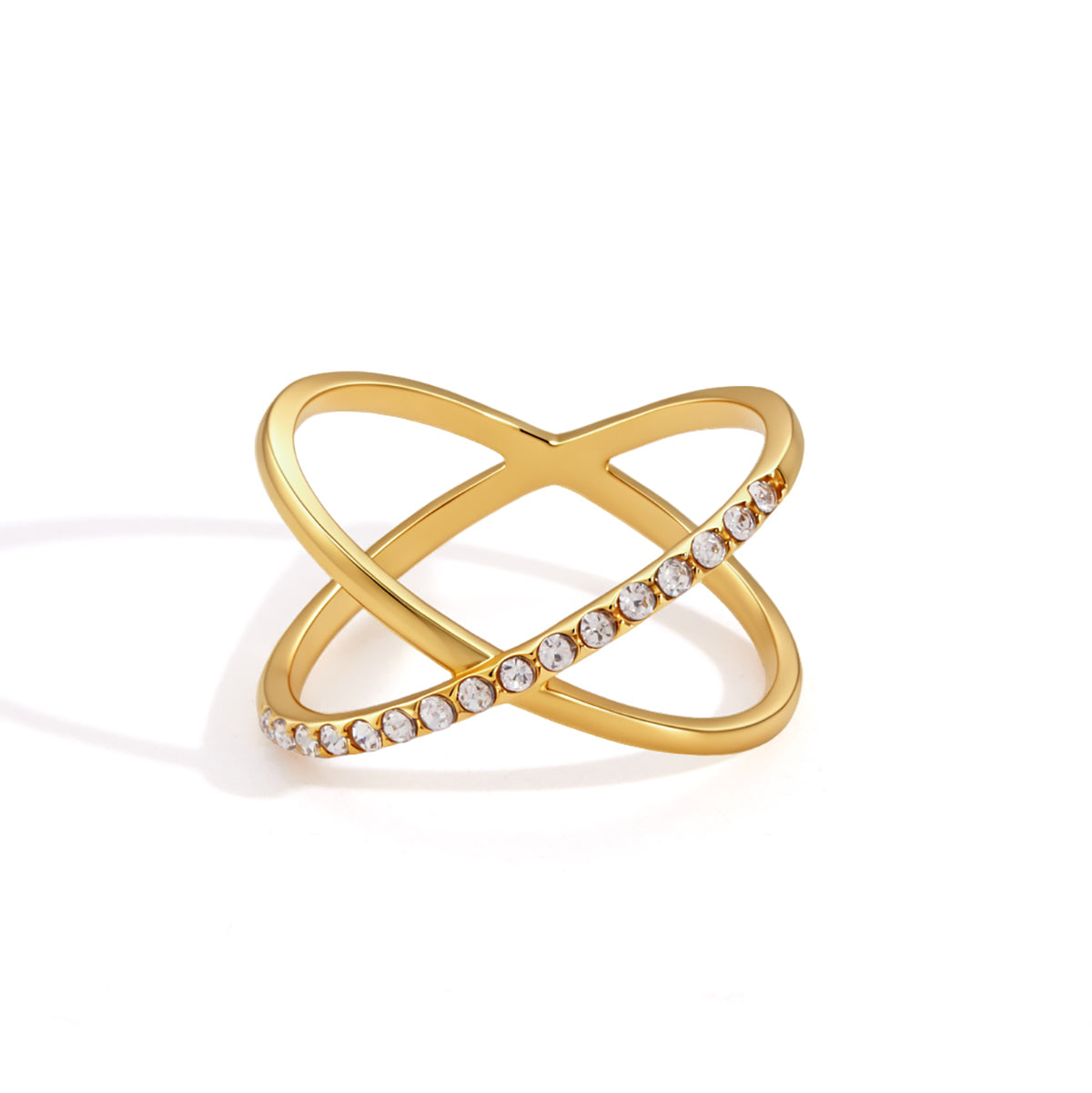 Lady Style - Classic Style / 18K Gold Stainless Steel + Gemstones / With White Gemstone Woven Linear Double Ring Asymmetric Hollowed-out Ring