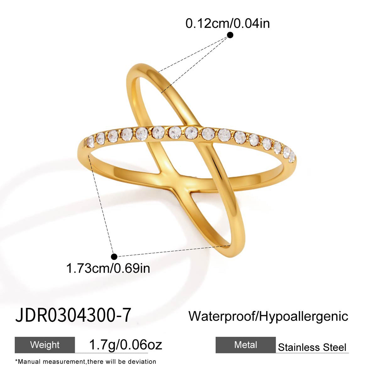 Lady Style - Classic Style / 18K Gold Stainless Steel + Gemstones / With White Gemstone Woven Linear Double Ring Asymmetric Hollowed-out Ring