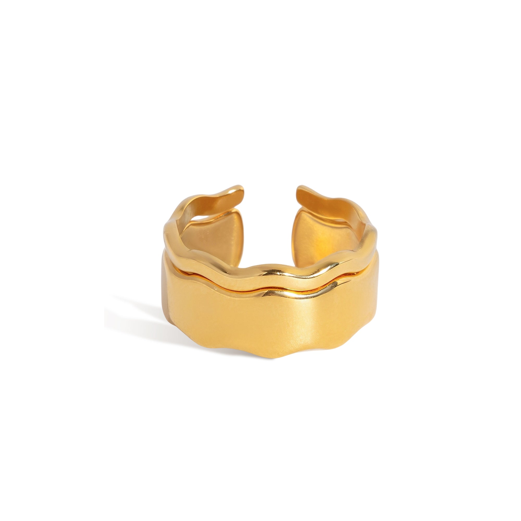 18K Stainless Steel Bezel Setting Minimalist Wave Ring Set-Pair of Gold Adjustable Open Bands