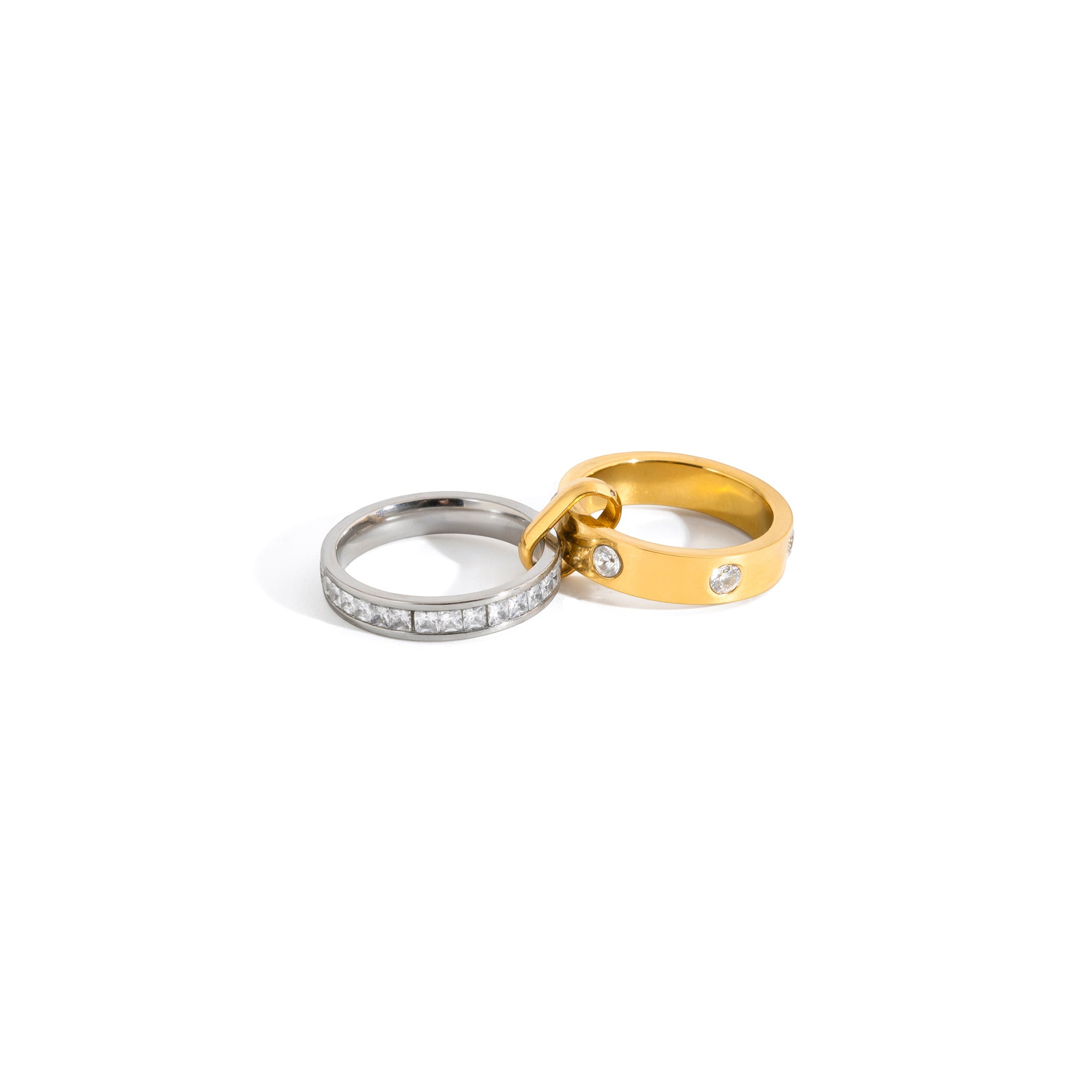 18K Gold Plate Stainless Steel Rings Classic Two Tone White Rhinestone Multi-ring Stacking Ring