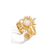 Elegant Opal Inlay Stackable Ring Set Gold Plated Sunburst Design Adjustable Open Cuffs Celestial Jewelry Trio