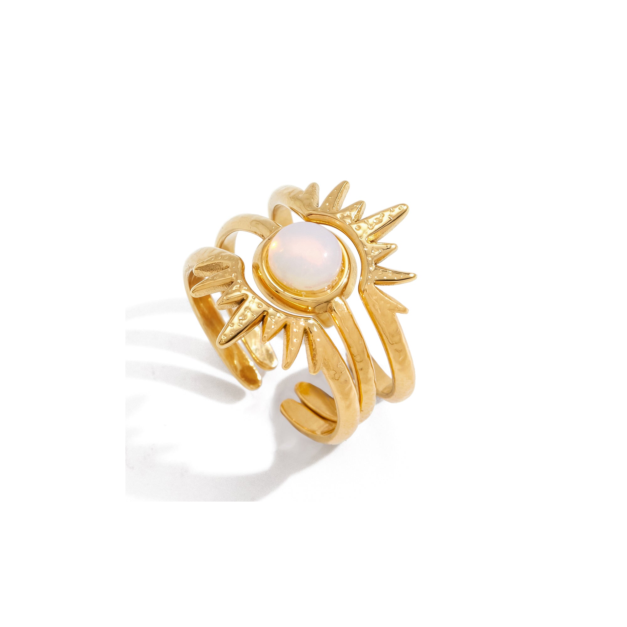 Elegant Opal Inlay Stackable Ring Set Gold Plated Sunburst Design Adjustable Open Cuffs Celestial Jewelry Trio