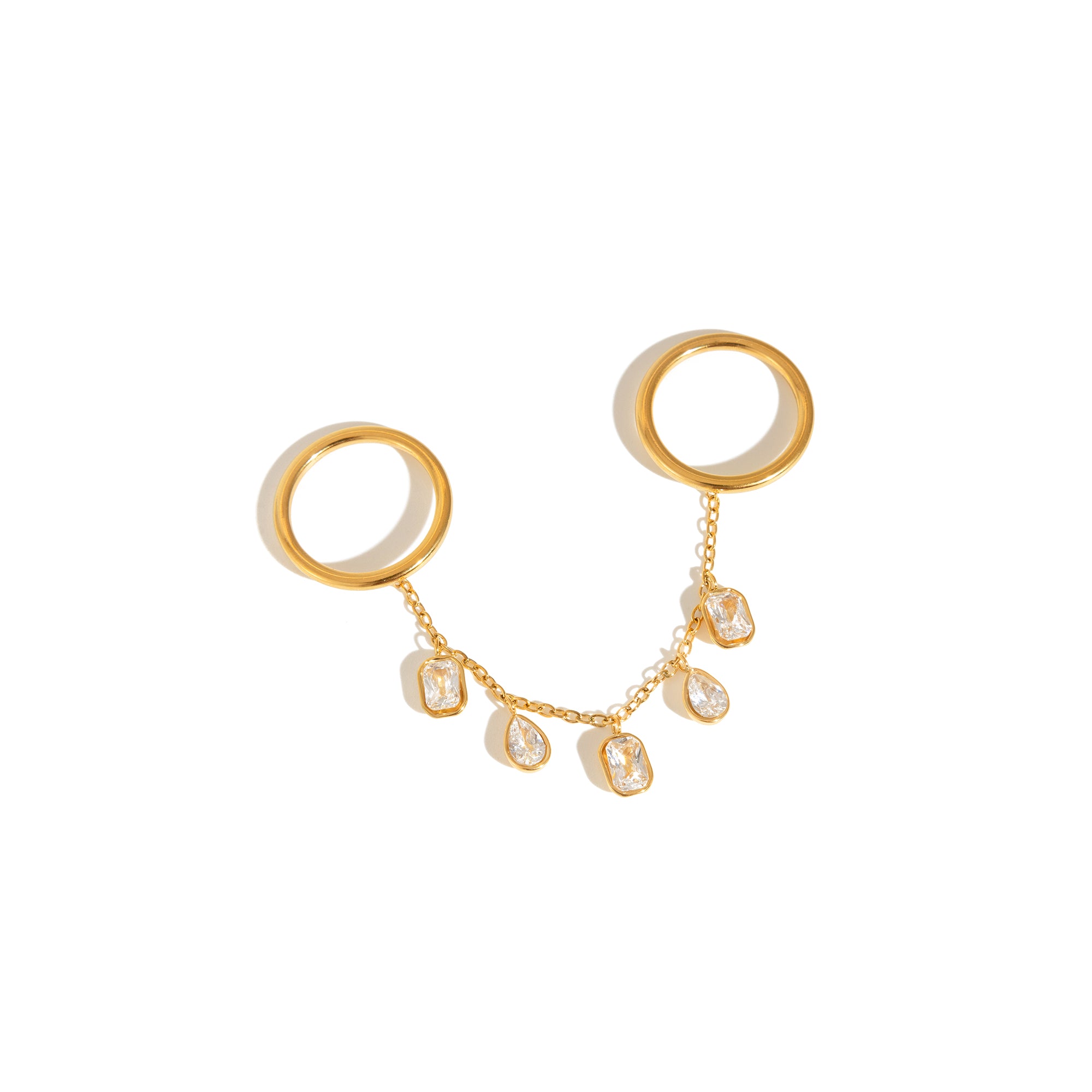 Luxury 18K Gold Plated Stainless Steel Finger Bracelet Tassel Ring Set Square Pear CZ Tarnish Free Slave Rings for Party