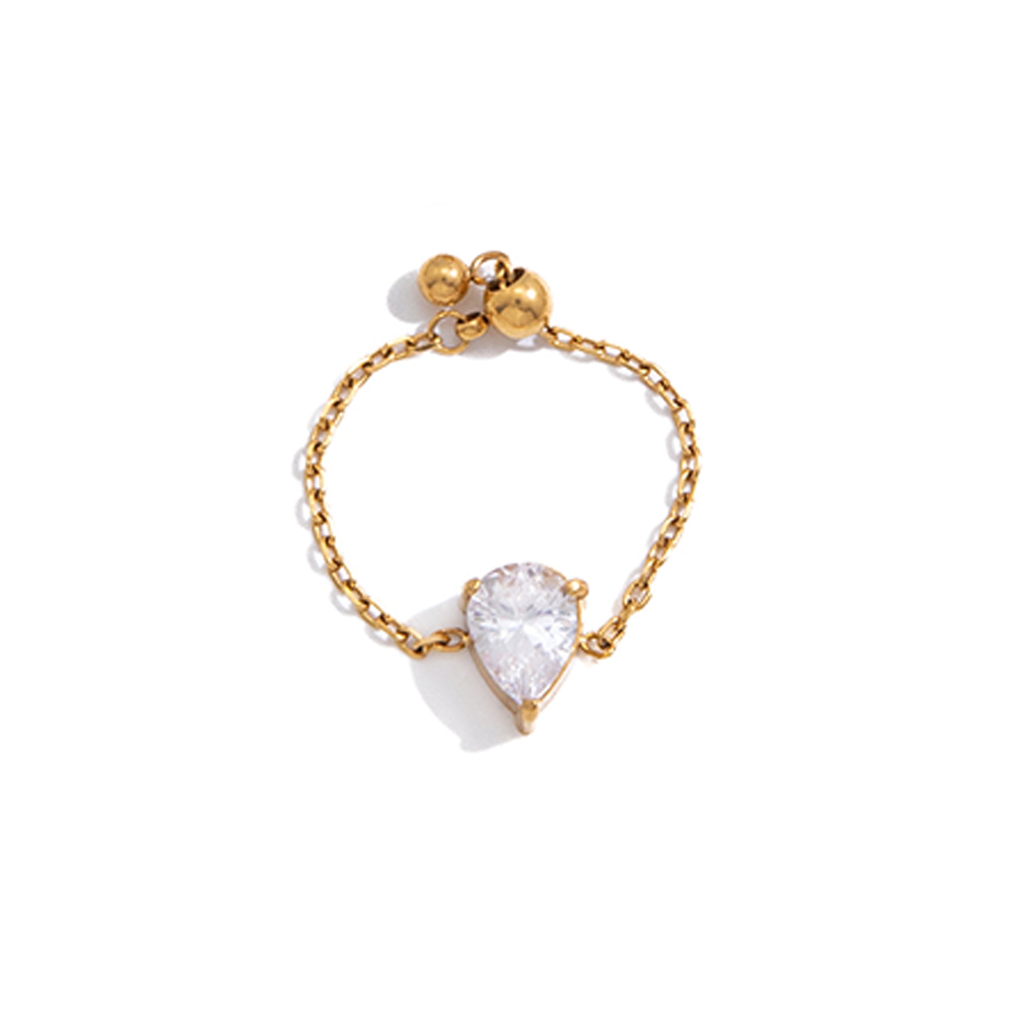 Sweet 18K Gold Stainless Steel Ring with White Teardrop-shaped Zircon Pull-out Adjustable Design Rings