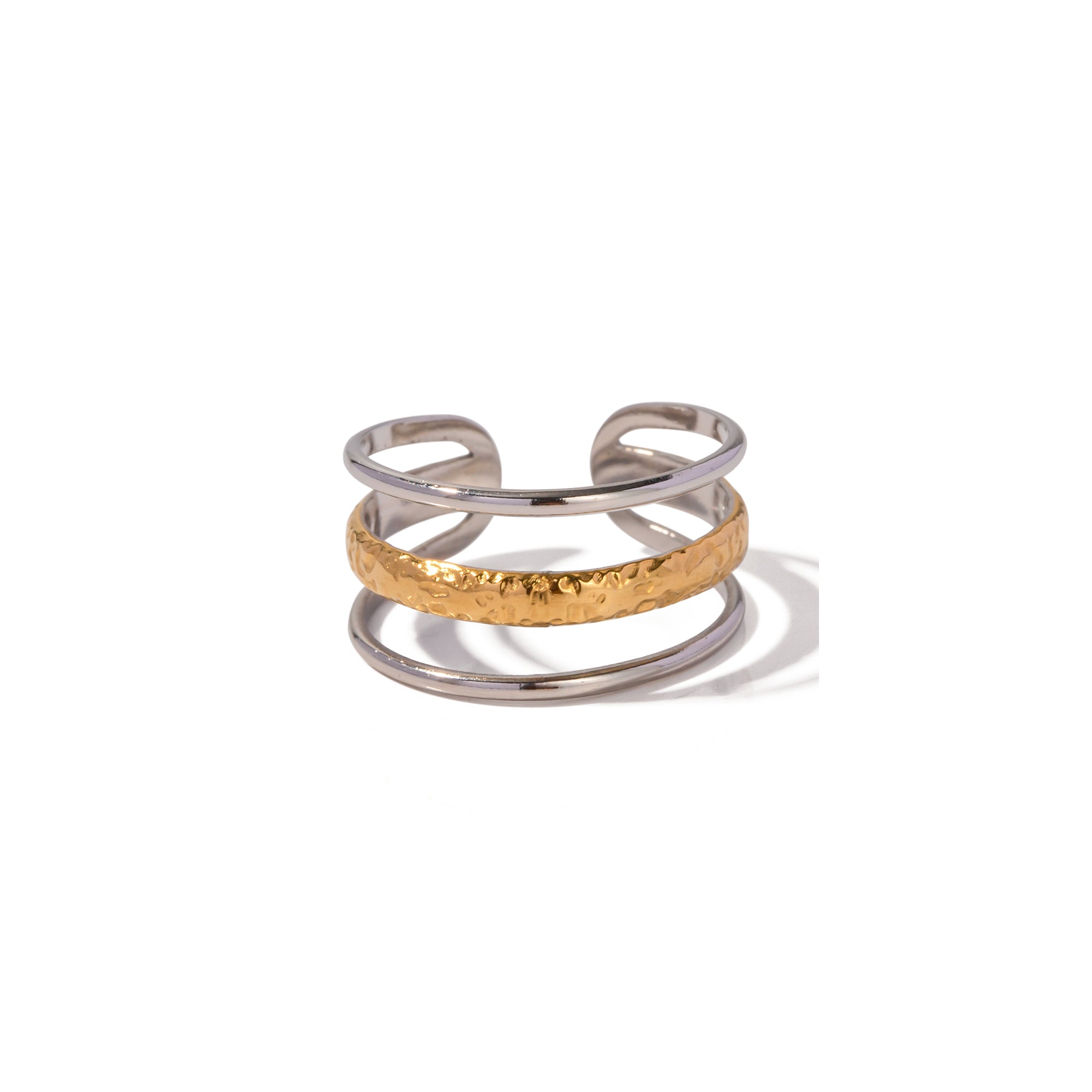 Waterproof 18k Gold Plated Stainless Steel Jewelry Hollow Three Layer Opening Texture Rings for Women