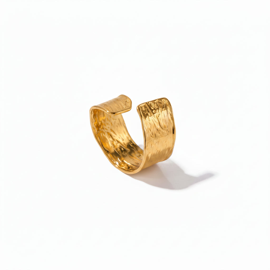 18K Gold Plated Stainless Steel Wrinkles Fashion Cross Hammered Texture Open Finger Rings for Women