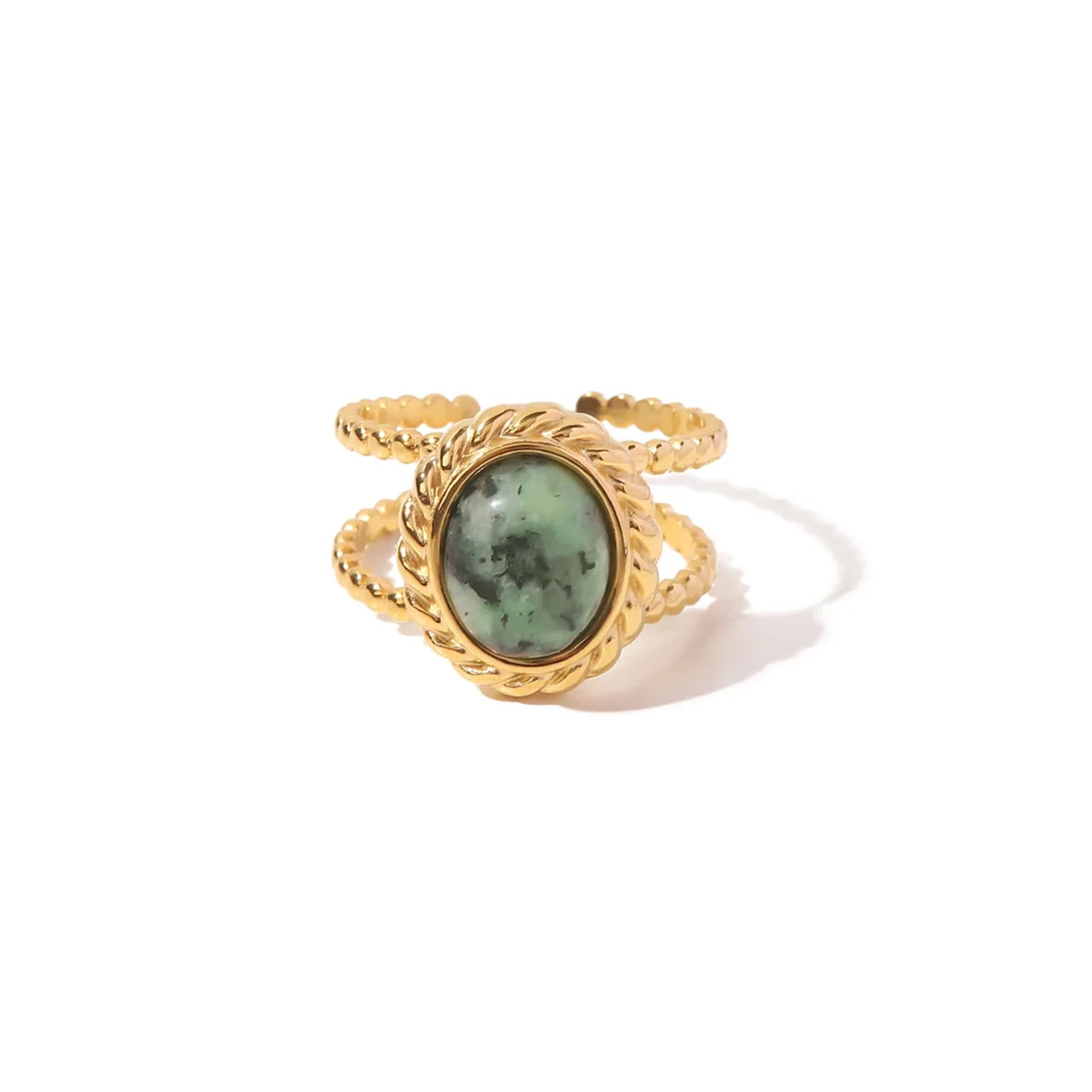 Jewelry Natural Stone African Turquoise Agate Rope Sun 18K Gold Plated Stainless Steel Opening Rings