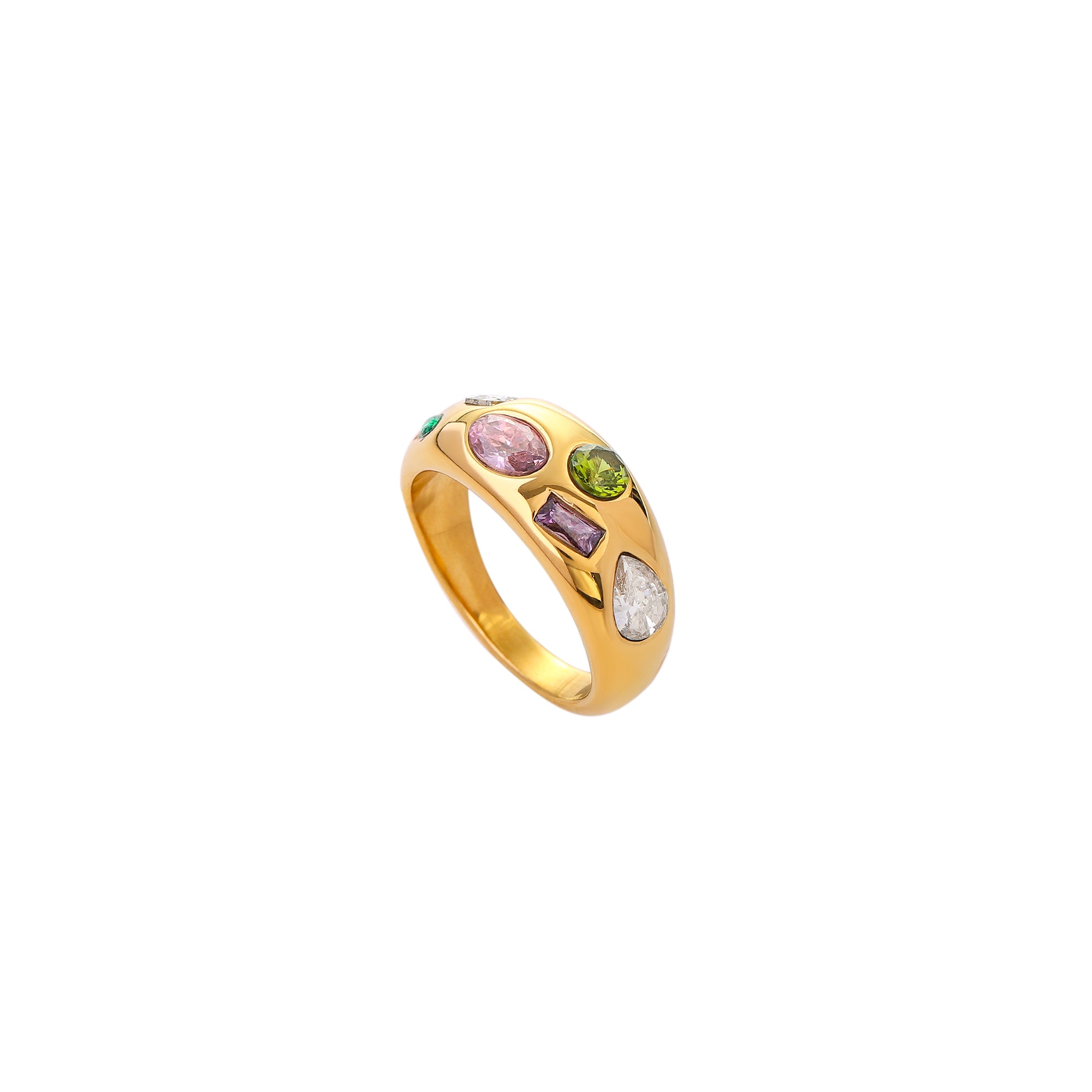 New Trendy 18k Gold Plated Stainless Steel Jewelry Wide Chunky Colorful Cubic Zircon Stone Ring