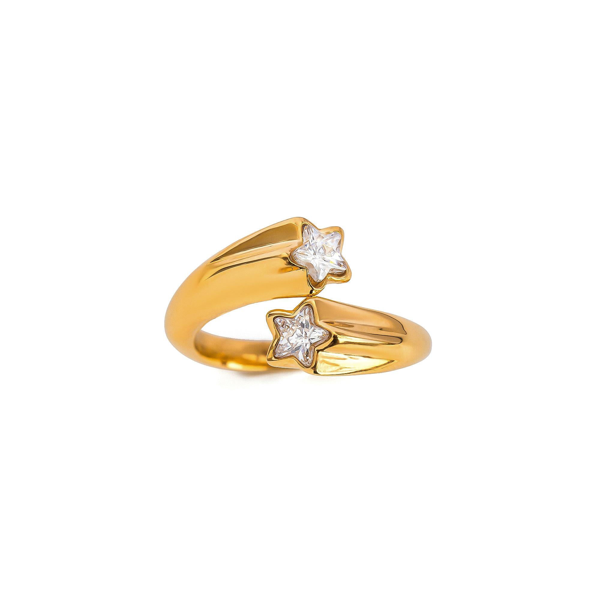 Women Elegant Jewelry 18K Gold Plated Stainless Steel Asymmetrical Open Five-point Star Zircon Ring