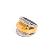 Two-Tone Layered Ribbed Ring 18k Stainless Steel Chunky Gold Silver Mixed Design Rings