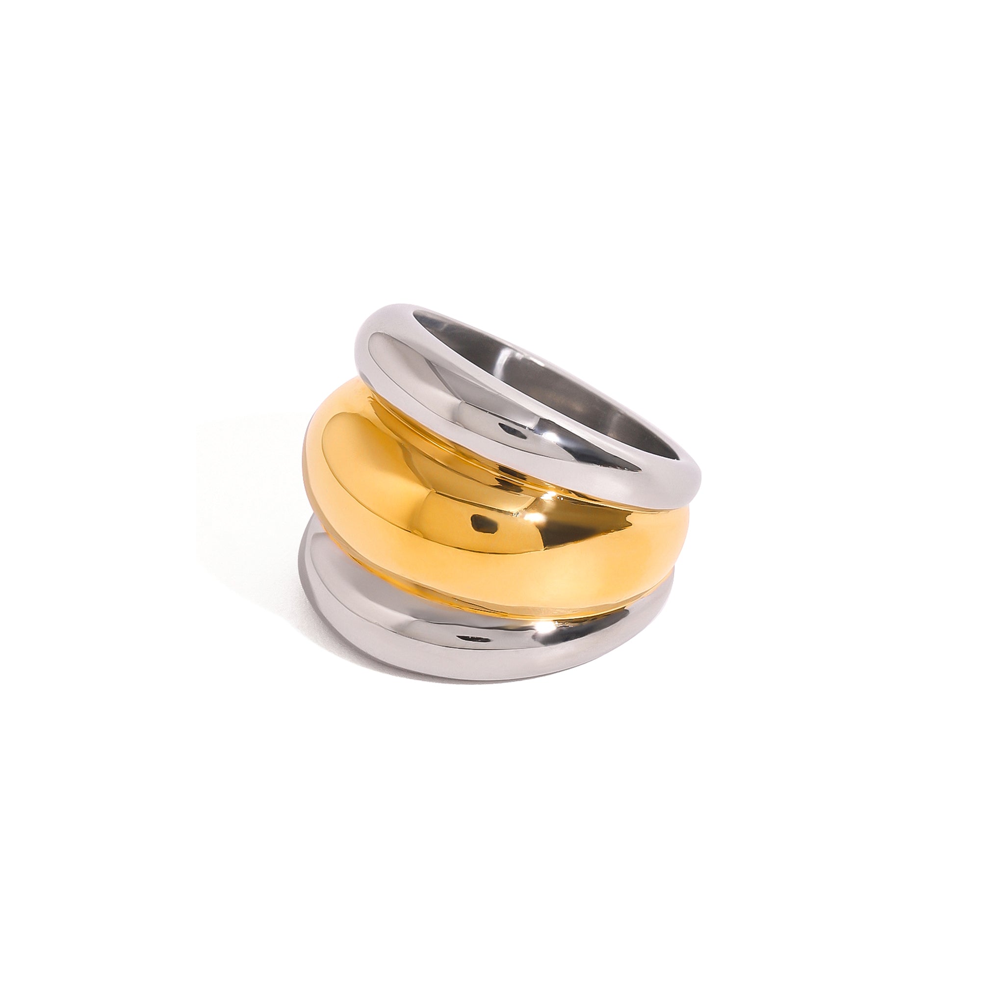 Two-Tone Layered Ribbed Ring 18k Stainless Steel Chunky Gold Silver Mixed Design Rings