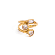 Zircon Multi Three Layers Ring Hollowed 18K PVD Gold Plated Stainless Steel Three-layer Heart Opening Ring for Women Jewelry