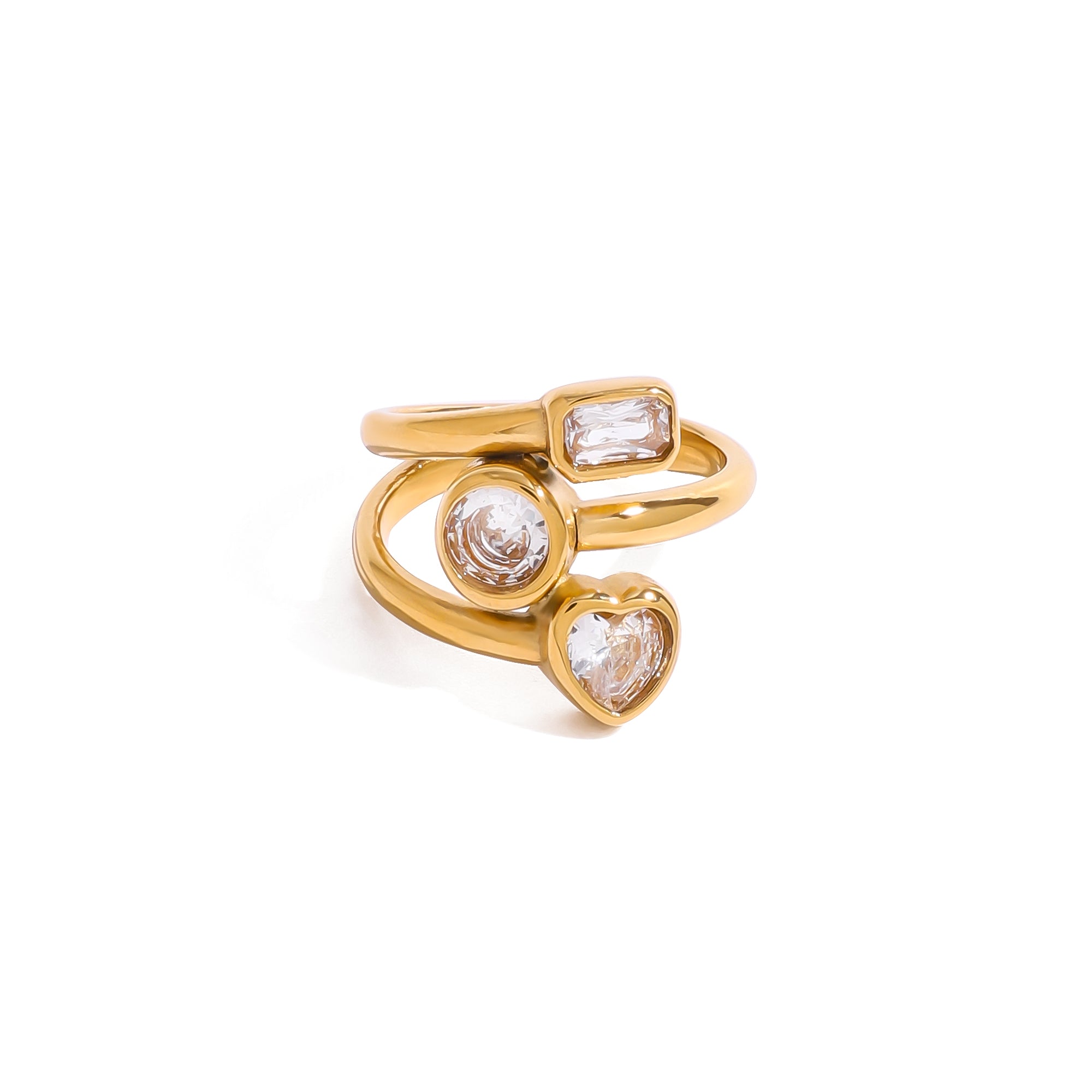 Zircon Multi Three Layers Ring Hollowed 18K PVD Gold Plated Stainless Steel Three-layer Heart Opening Ring for Women Jewelry
