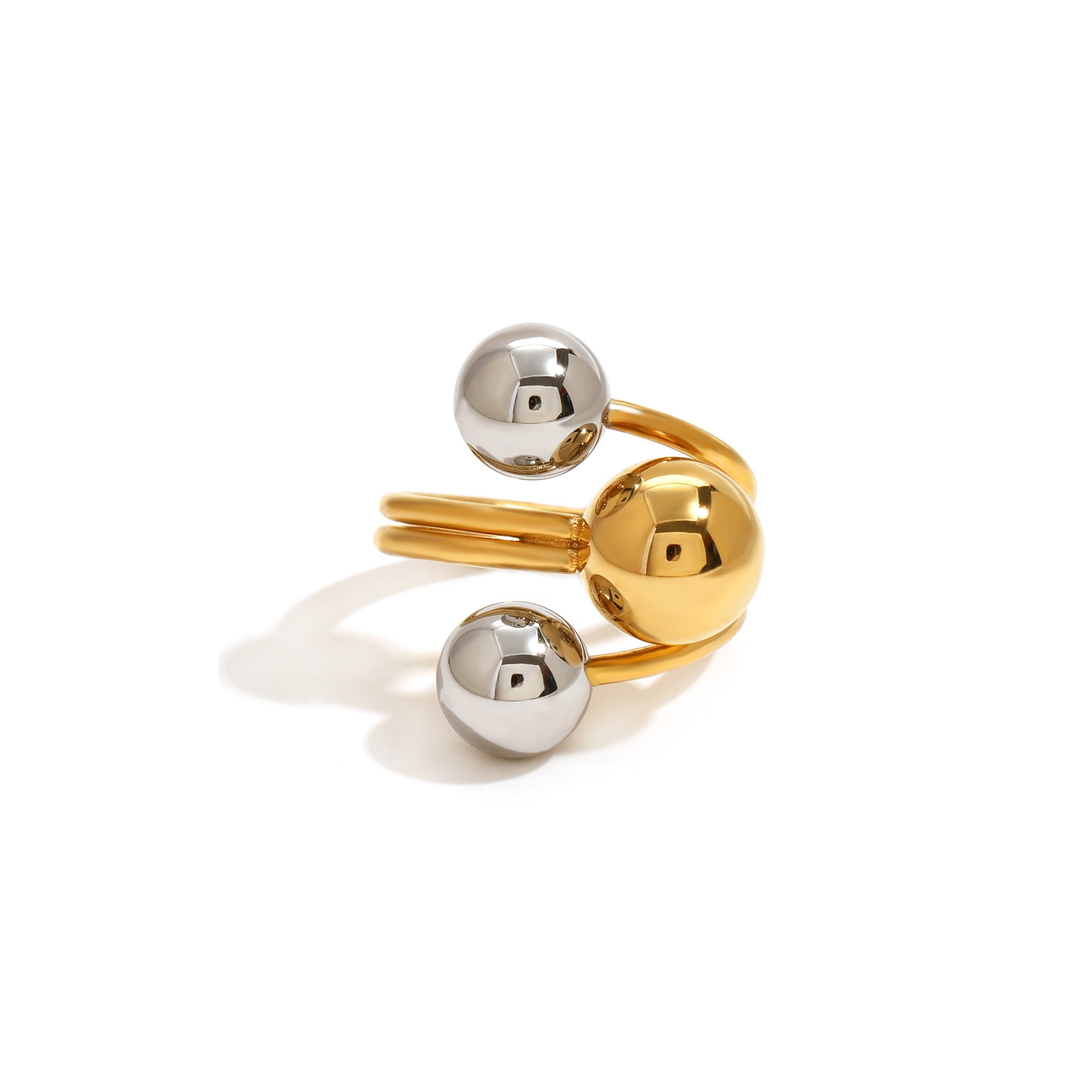 Minimalist 18k Gold Stainless Steel Two Tone Mixed Color Three Layer Line Steel Ball Open Rings